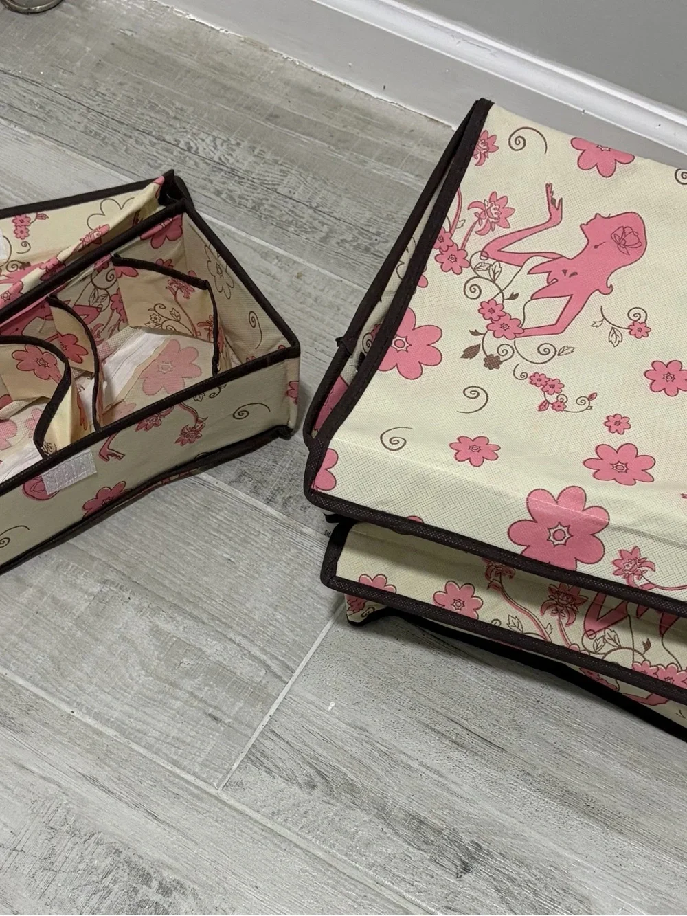 Pink Floral Canvas Storage Bins Set